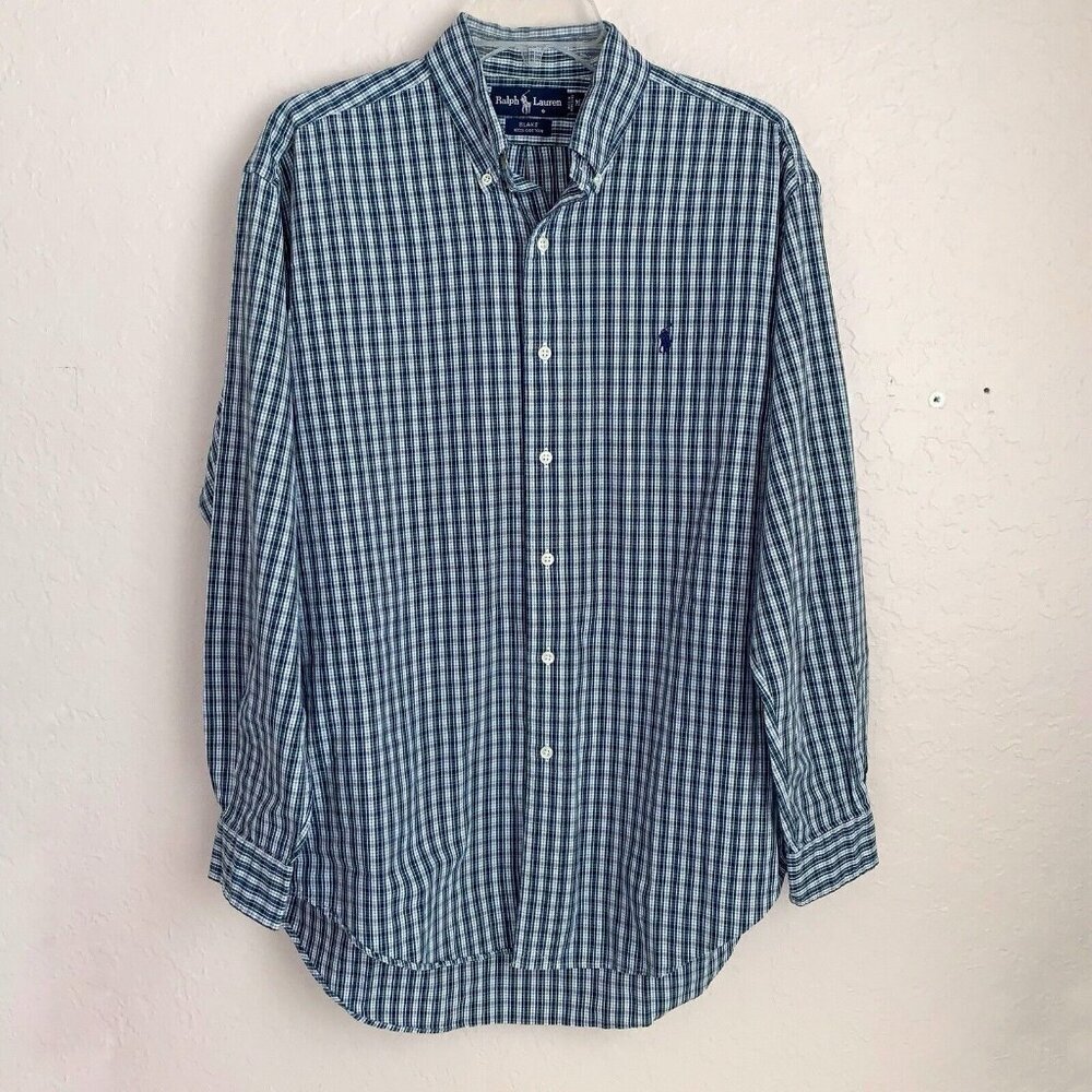 Ralph Lauren Blake Shirt Mens Large Green Blue Tartan Plaid Pony Long Sleeve